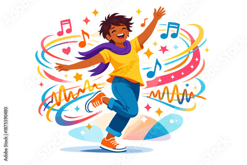 Joyful african female teen dancing with colorful musical notes and vibrant swirls