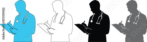 Doctor Silhouettes with Stethoscope Writing on Clipboard Medical Professional Icon Set