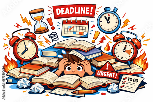 Overwhelmed child beneath pile of books and clocks with urgent deadline pressure