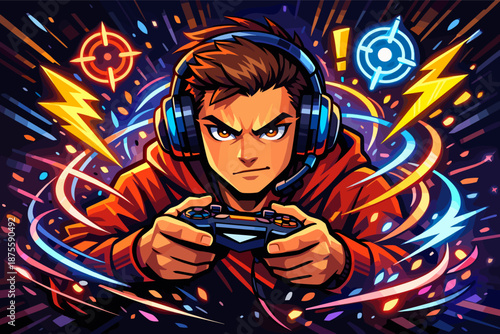 Intense male gamer with headset in dynamic digital environment