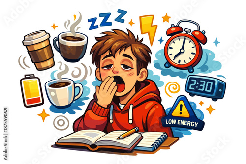 Sleepy young caucasian male with coffee, clock, and low energy symbols