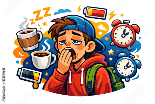 Sleepy young male teen surrounded by coffee and alarms in cartoon style