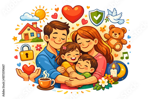 Happy caucasian family embracing, surrounded by love and peace symbols