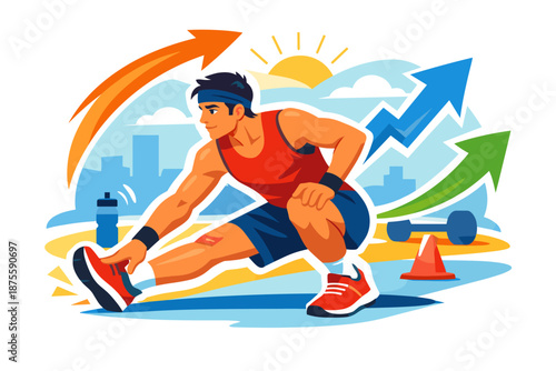 Young hispanic male stretching with fitness icons and arrows in dynamic outdoor setting