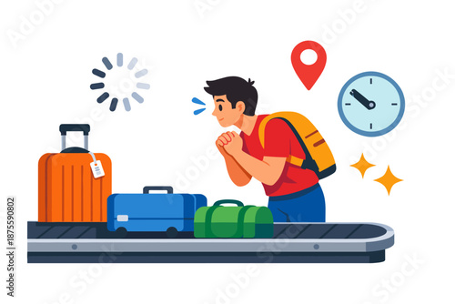 Young male waiting for luggage at airport baggage carousel