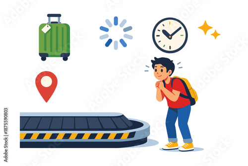 Young male eagerly awaits luggage at airport baggage carousel