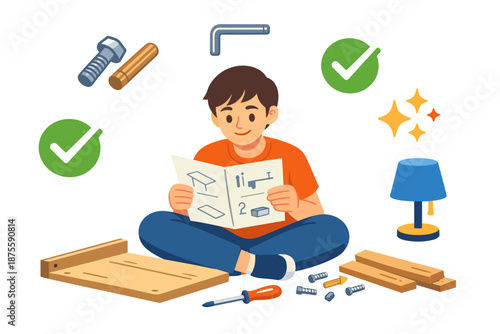 Young caucasian male assembling furniture with instructions and tools at home