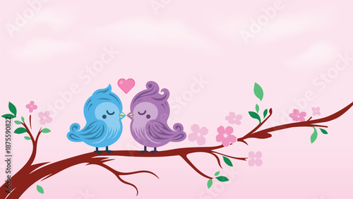 Cute Love Birds Cartoon Illustration on Branch