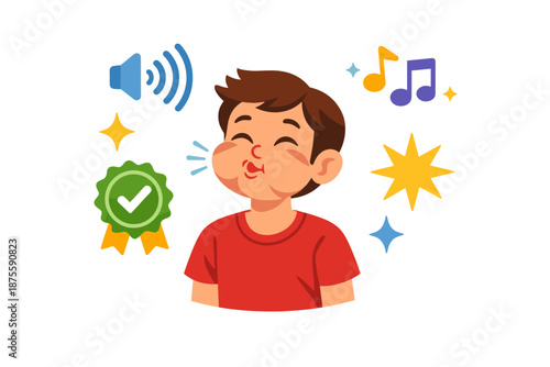 Happy caucasian child making funny face with music and sound icons