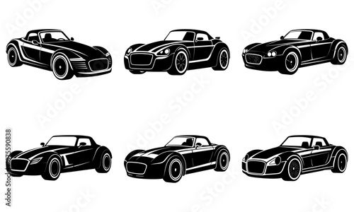 Five Black and White Sports Car Silhouettes on White Background convertible
