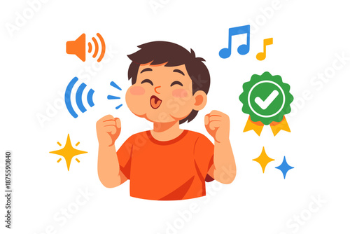 Happy young child celebrating achievement with music and cheerful symbols