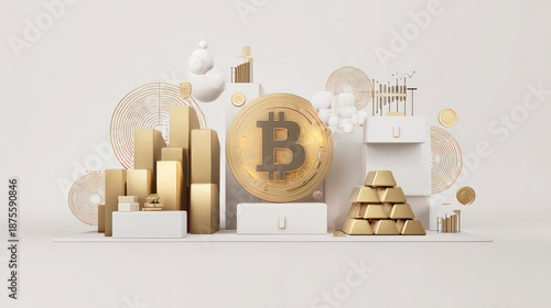 Elegant visualization of cryptocurrency and financial growth, golden Bitcoin, bar charts, and gold bars representing investment dynamics.
