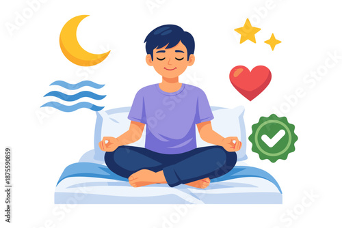 Young male meditating on bed surrounded by symbols of calm and positivity
