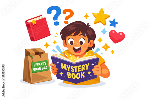 Excited young boy discovering mystery book surprises from library grab bag