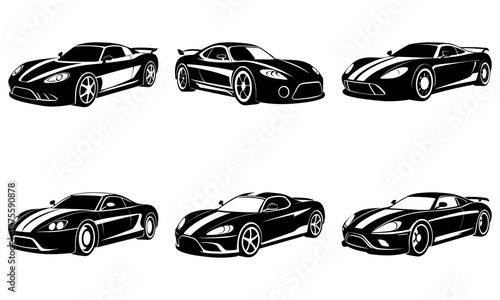 Five Black Sports Cars Silhouettes on White Background