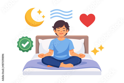 Young caucasian male meditating on bed surrounded by calm and positive symbols