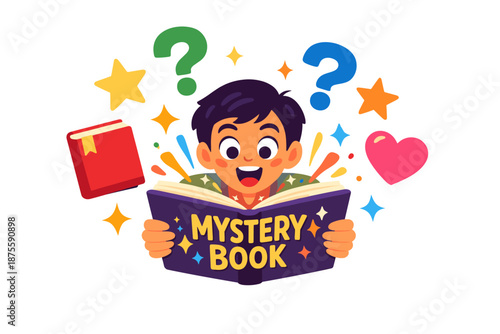 Excited asian child reading mystery book with colorful symbols
