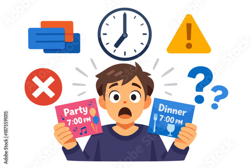 Confused young male choosing between party and dinner plans