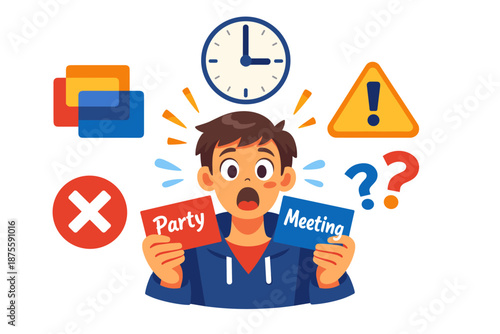 Confused male teen contemplating scheduling decisions with party and meeting signs