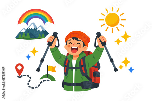 Young asian boy celebrating hiking adventure with backpack and trekking poles