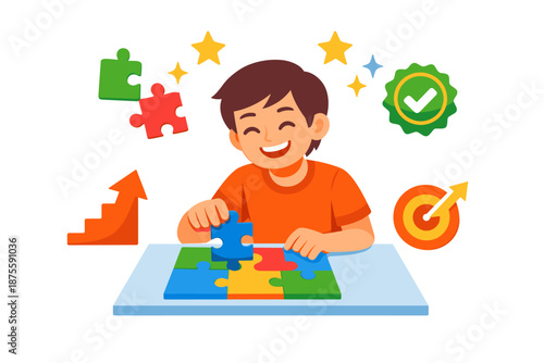 Happy young caucasian boy solving colorful puzzle with enthusiasm