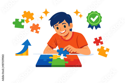 Young hispanic male solving puzzle with positive growth and achievement icons