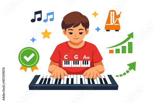Young male playing keyboard with musical notes and progress symbols