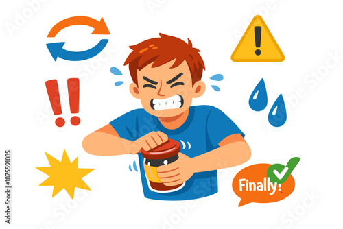 Frustrated young male struggling to open jar with determined expression