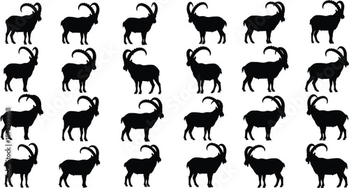 Grid of black goat silhouettes arranged in uniform rows and columns for livestock farming, wildlife pattern design, and educational illustration use