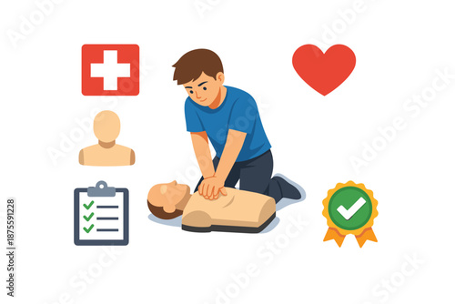 Young caucasian male practicing cpr on manikin with medical symbols