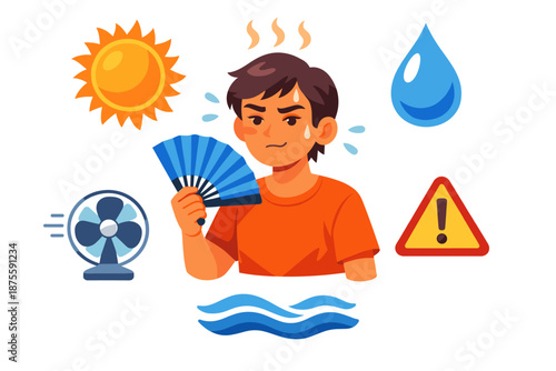 Young asian male cooling off with fan amidst hot weather symbols