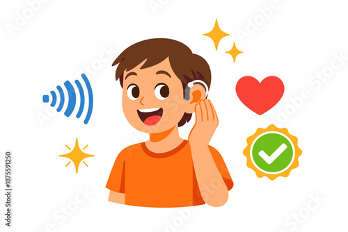 Young caucasian child with hearing aid icon and symbols of sound and approval