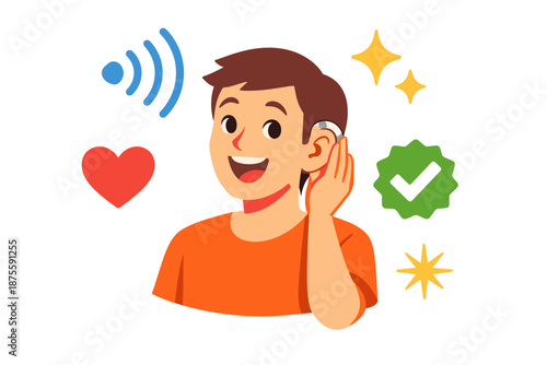 Smiling young caucasian male with hearing aid highlighting sound and communication