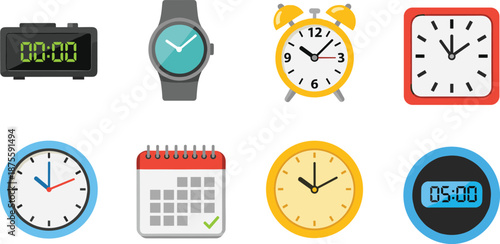 Modern flat icon collection of time management tools including digital alarm clocks, analog wall clocks, smartwatches, and calendar for scheduling and productivity concept.