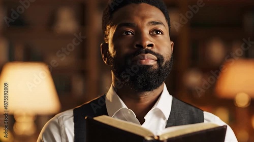 African American man reading a Bible and looking up with hope. Bearded male holding a holy book in a library with warm lighting. Christian faith and spirituality concept