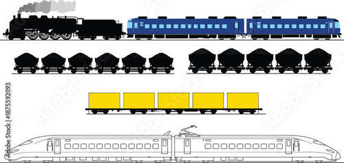 Collection of train illustrations featuring vintage steam locomotives, modern high speed bullet trains, passenger rail cars, and industrial freight wagons with coal cargo on white background.