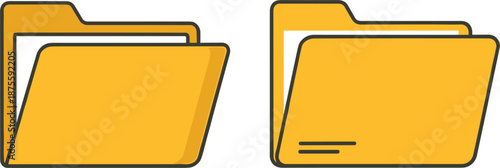 Yellow file folder icon set with open document storage folders in flat line art style for office business data organization and digital file management systems.