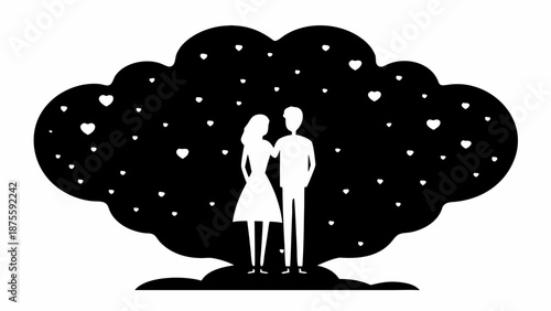 Romantic couple standing together under heart filled cloud
