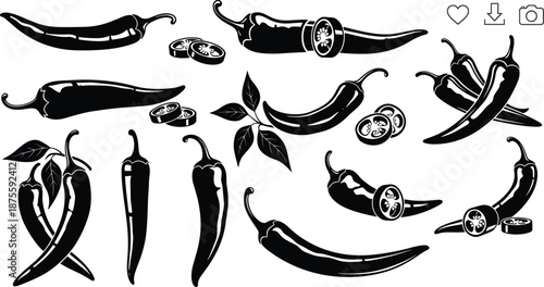 Collection of black and white chili pepper illustrations showing whole, sliced, and grouped peppers for culinary, agriculture, and design use