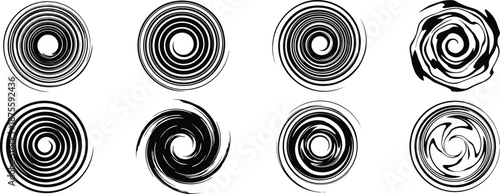 PrintAbstract black spiral silhouette set with swirling vortex shapes, hypnotic circular patterns, and twisted cosmic energy icons for modern graphic designs