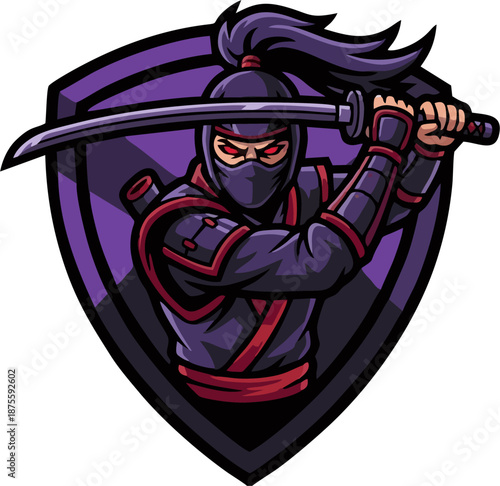 Fierce masked ninja wielding katana sword in dynamic combat pose inside glowing purple shield, cartoon vector logo for gaming and martial arts emblem