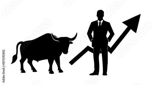 A silhouette of a businessman standing confidently next to a large bull symbol with a rising arrow chart.