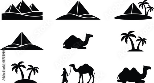PrintAncient Egyptian desert silhouette vector set featuring Giza pyramids, camels, palm trees, sand dunes, and nomadic traveler icons for travel design.