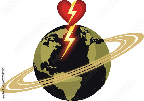 Earth with lightning heart icon isolated on transparent background