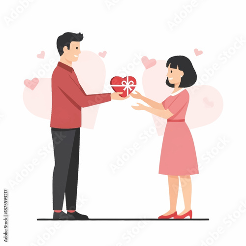 A man in a red shirt giving a heart-shaped gift to a woman in a pink dress, surrounded by floating hearts, symbolizing love and affection.