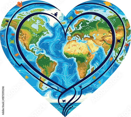 Heart-shaped world map isolated on transparent background