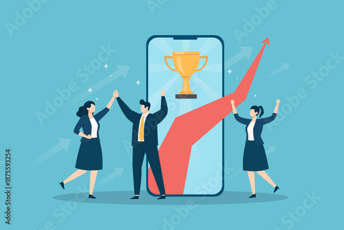 A business team celebrates success and achievement. Features a large smartphone displaying a gold trophy, a rising red growth arrow, and professional people cheering.