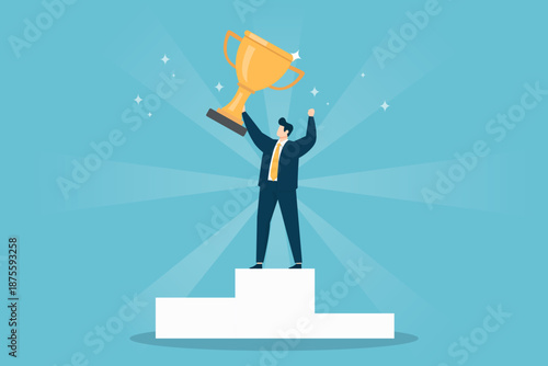 A businessman in a suit stands on the top of a winner podium, holding a large gold trophy. Flat art with light rays on a blue background representing victory and leadership.