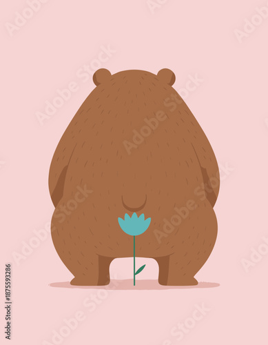 Back view of a big cute brown bear standing behind a small blue flower on pink background, nature and gentleness concept vector art