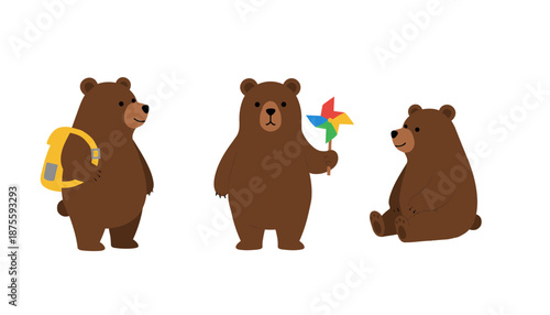 Set of cute brown bears character including bear with yellow backpack, bear holding a colorful toy pinwheel, and sitting bear isolated on white background